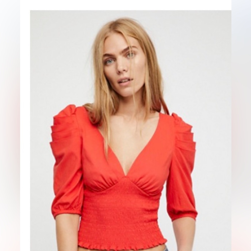 Free People red smocked top, 3/4 sleeves, folded detail at shoulders.siz…